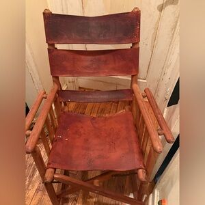 Vintage Costa Rican MCM Teak & Leather Folding Safari Campaign Rocking Chair